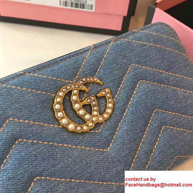 Gucci Pearl Logo GG Marmont Matelasse Chevron Cloth Fabric Zip Wallet 443223 Blue - Click Image to Close