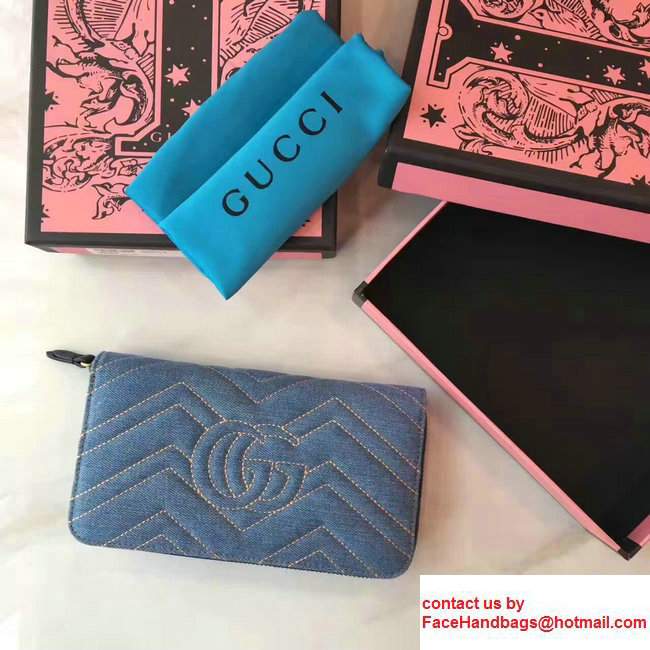 Gucci Pearl Logo GG Marmont Matelasse Chevron Cloth Fabric Zip Wallet 443223 Blue