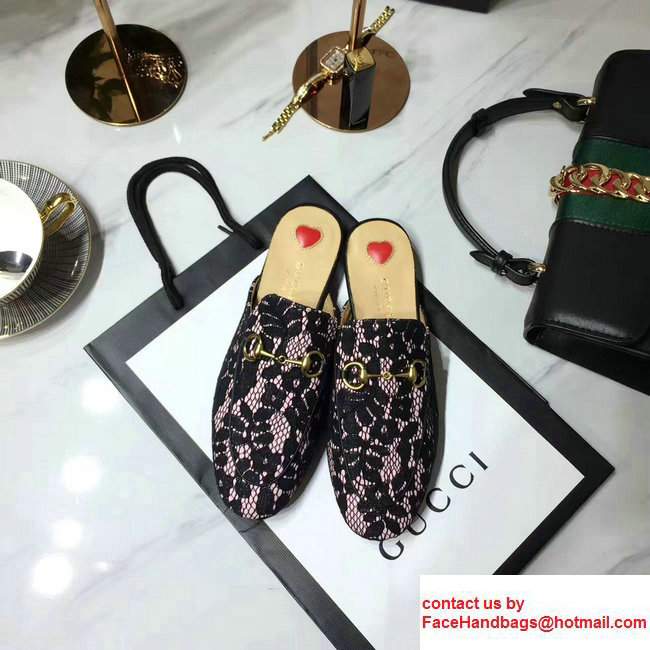 Gucci Princetown In Floral Lace Horsebit Detail Slides 475094 Black 2017 - Click Image to Close