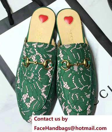 Gucci Princetown In Floral Lace Horsebit Detail Slides 475094 Green 2017 - Click Image to Close