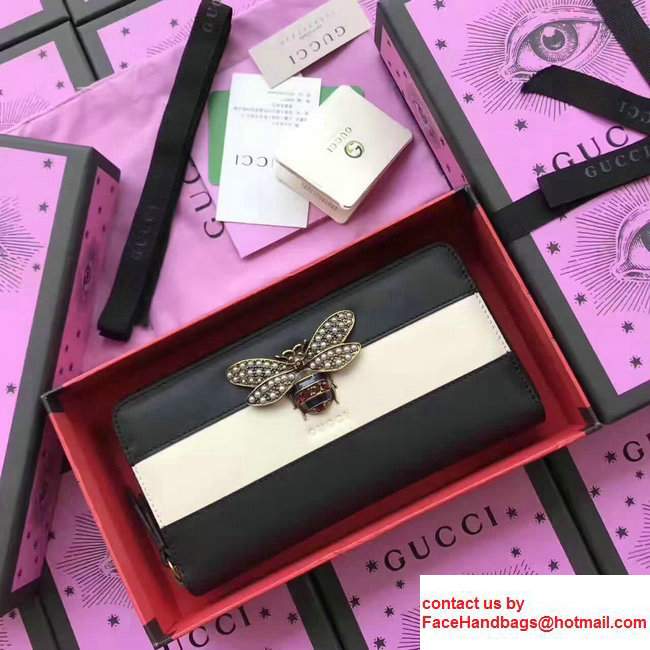 Gucci Queen Margaret Leather Continental Zip Around Wallet Metal Bee Trim 476069 White/Black 2017