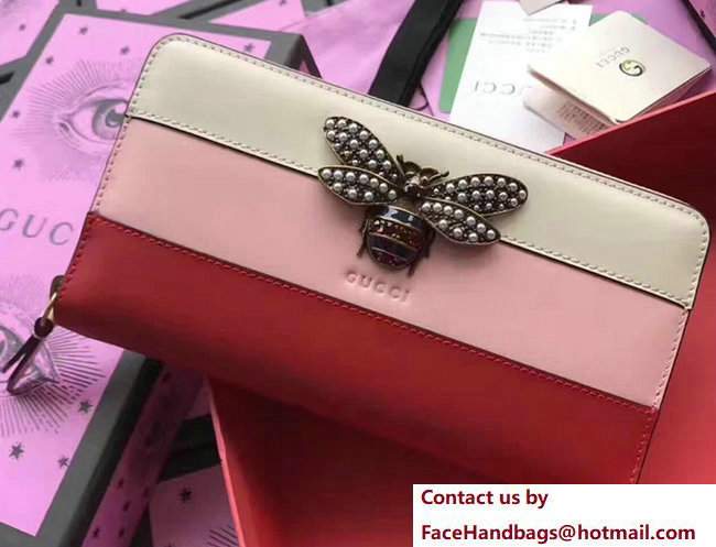 Gucci Queen Margaret Leather Continental Zip Around Wallet Metal Bee Trim 476069 White/Light Pink 2017 - Click Image to Close