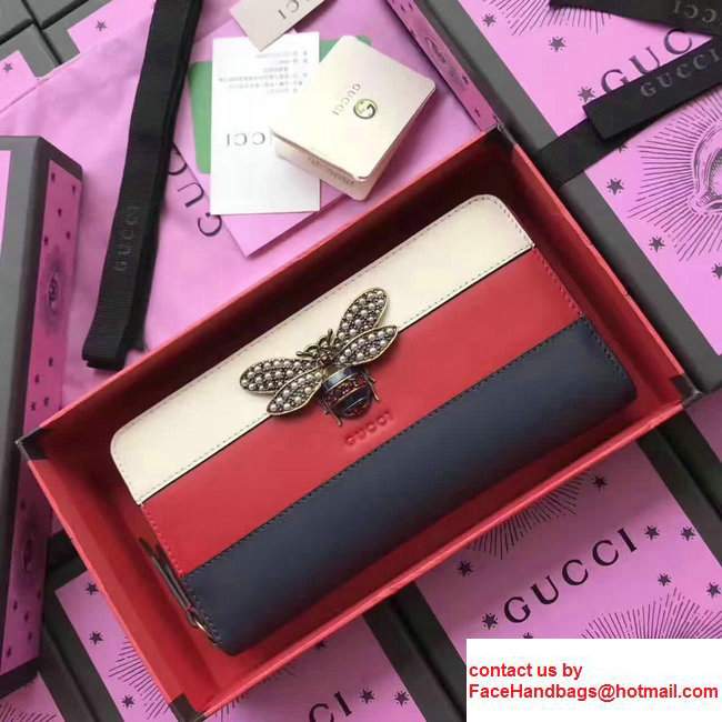 Gucci Queen Margaret Leather Continental Zip Around Wallet Metal Bee Trim 476069 White/Red/Dark Blue 2017 - Click Image to Close