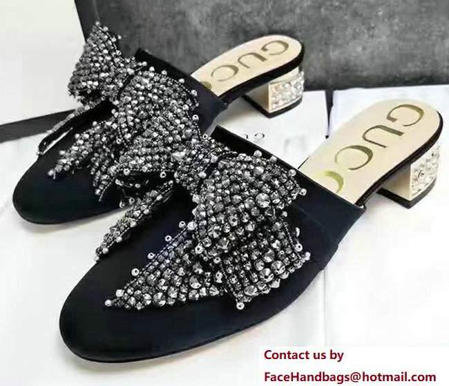 Gucci Satin Slipper With Remobable Crystal Bow 476021 Black2017
