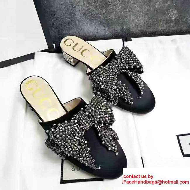 Gucci Satin Slipper With Remobable Crystal Bow 476021 Black2017
