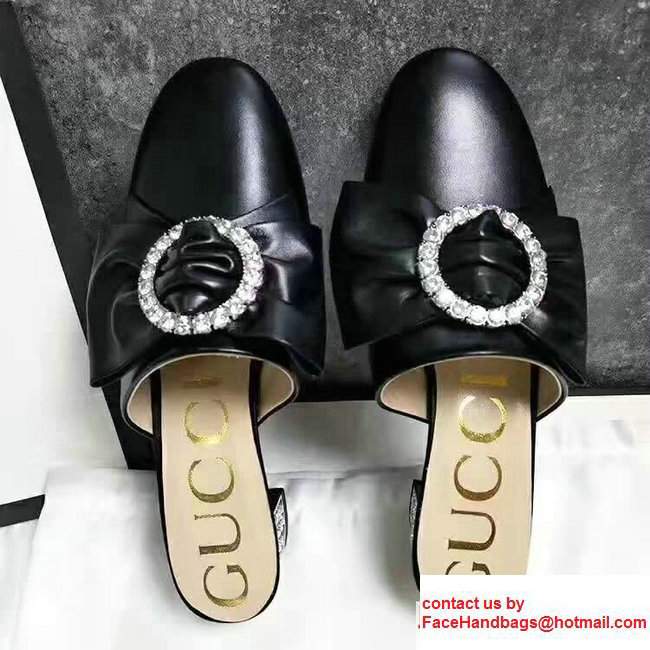 Gucci Satin Slipper With Remobable Leather Bow 476021 Black2017