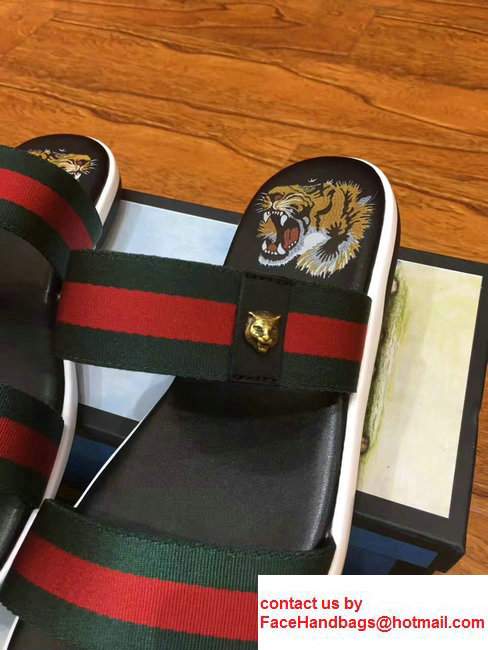 Gucci Web Tiger Head PrintFootbed Men's Slide Scandals Black 2017
