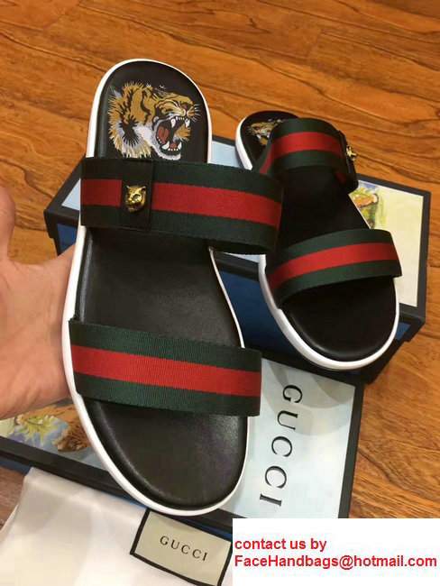 Gucci Web Tiger Head PrintFootbed Men's Slide Scandals Black 2017 - Click Image to Close
