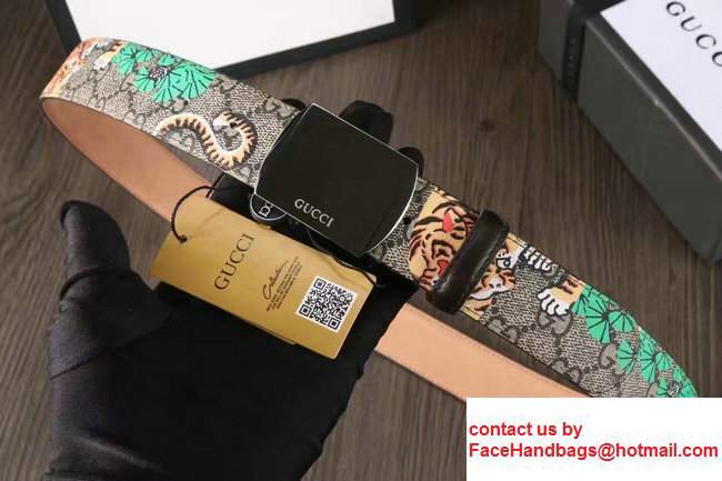 Gucci Width 3.5cm GG Canvas Embroidered Felid Metal Buckle Belt Green - Click Image to Close