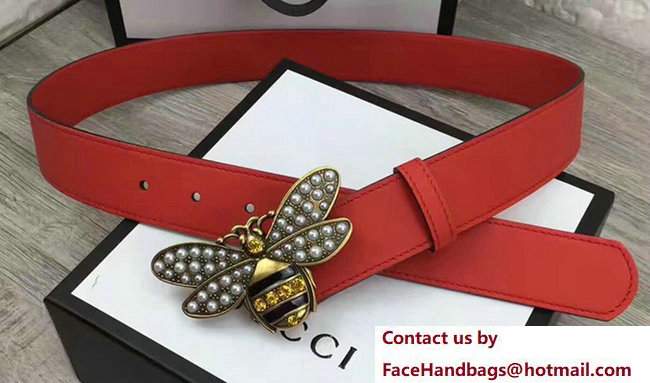 Gucci Width 3.5cm Metal Bee With Pearls Crystals Buckle Belt Red - Click Image to Close