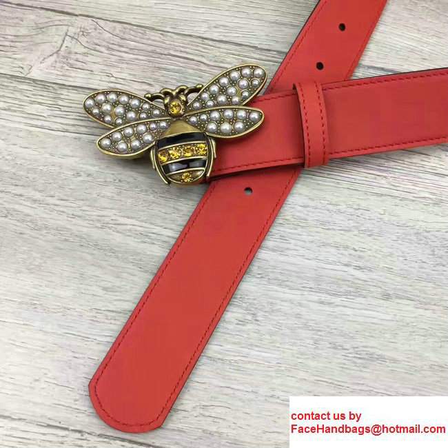 Gucci Width 3.5cm Metal Bee With Pearls Crystals Buckle Belt Red