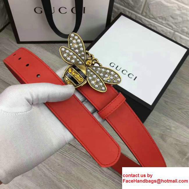 Gucci Width 3.5cm Metal Bee With Pearls Crystals Buckle Belt Red