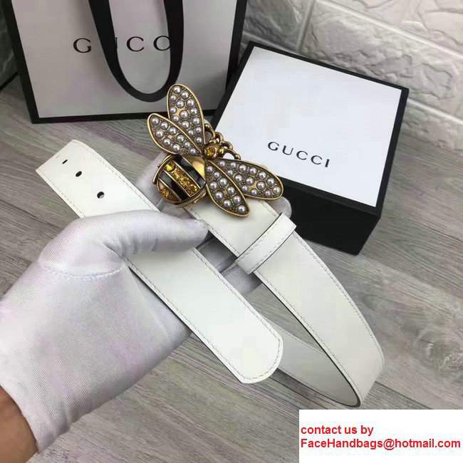 Gucci Width 3.5cm Metal Bee With Pearls Crystals Buckle Belt White - Click Image to Close