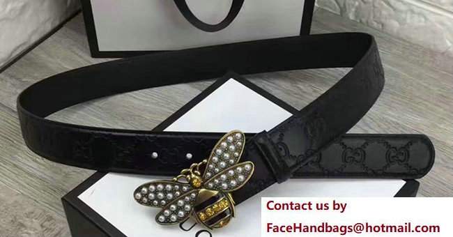 Gucci Width 3.5cm Metal Bee With Pearls Crystals Buckle Guccissima Belt Black - Click Image to Close