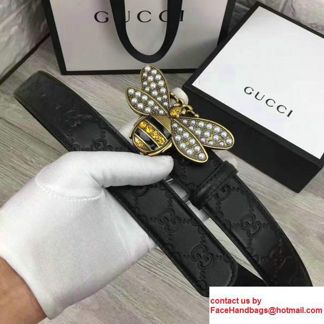 Gucci Width 3.5cm Metal Bee With Pearls Crystals Buckle Guccissima Belt Black