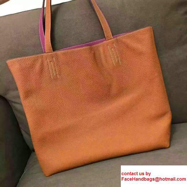 Hermes Double Sens Shopping Tote Bag In Original Togo Leather Hot Pink/Orange