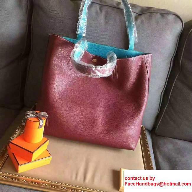 Hermes Double Sens Shopping Tote Bag In Original Togo Leather Light Blue/Dark Brown