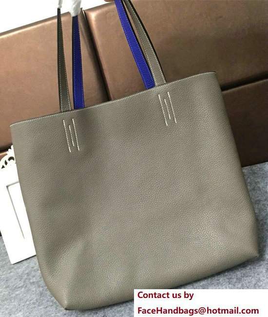 Hermes Double Sens Shopping Tote Bag In Original Togo Leather Light Gary/Blue - Click Image to Close