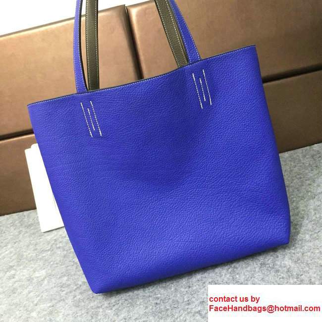 Hermes Double Sens Shopping Tote Bag In Original Togo Leather Light Gary/Blue