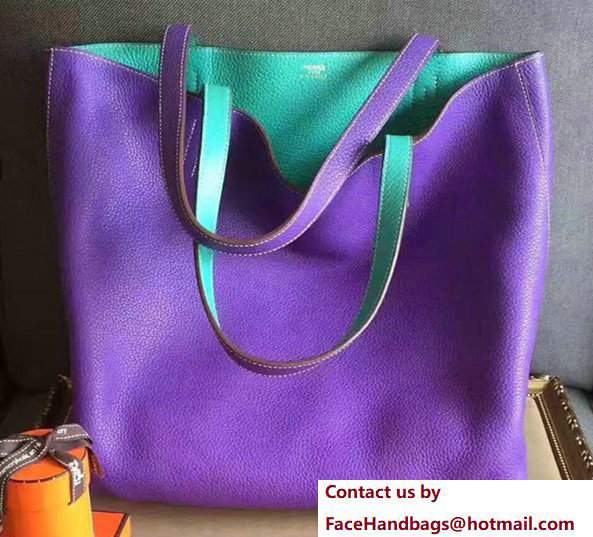 Hermes Double Sens Shopping Tote Bag In Original Togo Leather Purple/Green - Click Image to Close