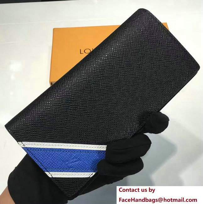 Louis Vuitton Taiga Leather Blue Stripe Brazza Wallet M64012 Black 2017