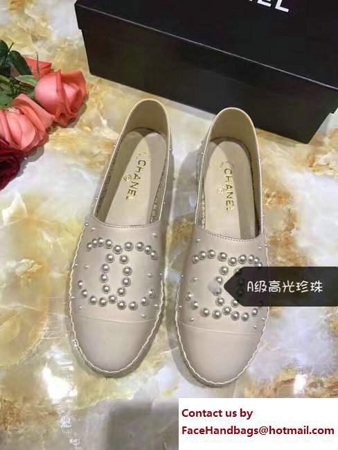 Chanel CC Pearls Logo Lambskin Espadrilles G29762 Beige 2017 - Click Image to Close