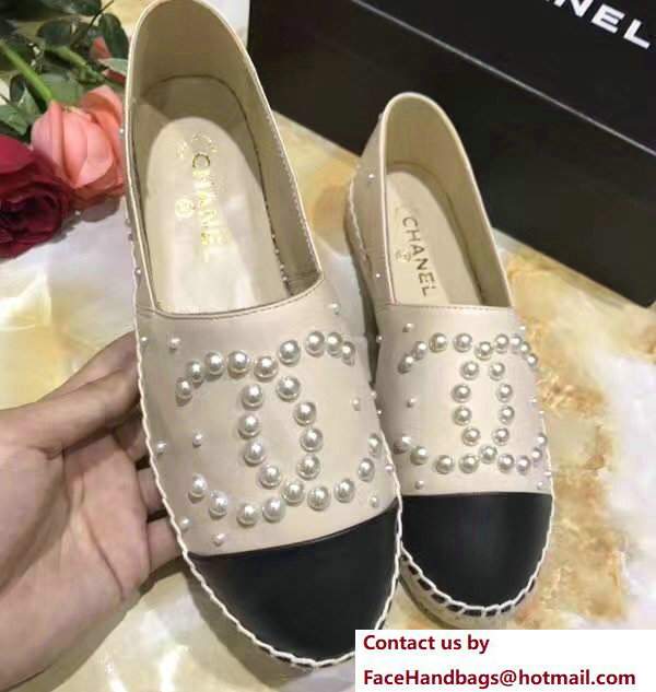 Chanel CC Pearls Logo Lambskin Espadrilles G29762 Beige/Black 2017 Chanel CC Pearls Logo Lambskin Espadrilles G29762 Beige/Black 2017