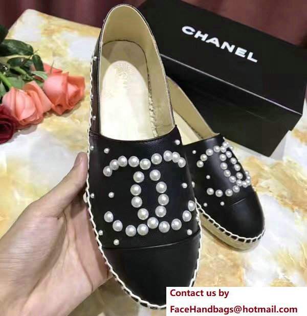Chanel CC Pearls Logo Lambskin Espadrilles G29762 Black 2017 - Click Image to Close