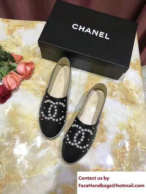 Chanel CC Pearls Logo Lambskin Espadrilles G29762 Black 2017 - Click Image to Close