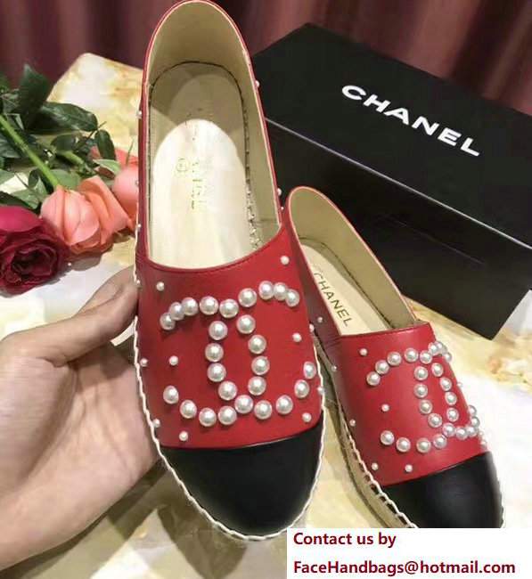 Chanel CC Pearls Logo Lambskin Espadrilles G29762 Red/Black 2017 Chanel CC Pearls Logo Lambskin Espadrilles G29762 Red/Black 2017