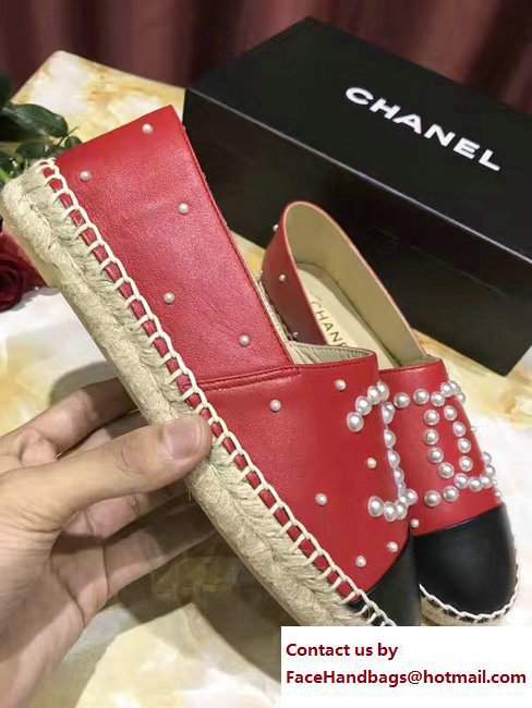 Chanel CC Pearls Logo Lambskin Espadrilles G29762 Red/Black 2017 - Click Image to Close