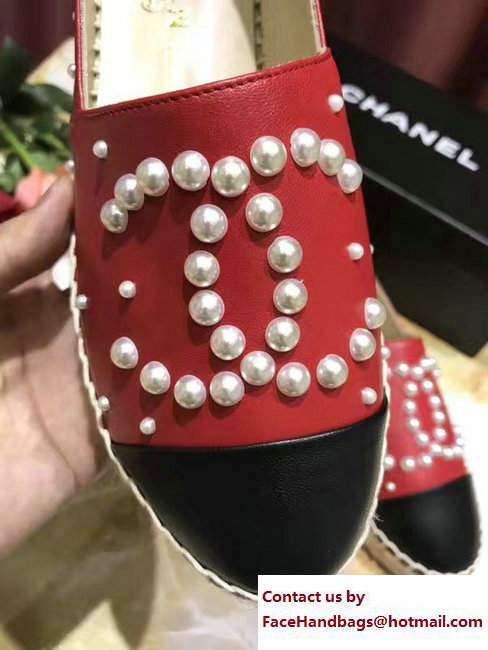 Chanel CC Pearls Logo Lambskin Espadrilles G29762 Red/Black 2017 - Click Image to Close