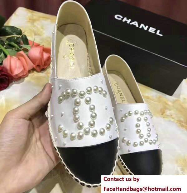Chanel CC Pearls Logo Lambskin Espadrilles G29762 White/Black 2017 Chanel CC Pearls Logo Lambskin Espadrilles G29762 White/Black 2017