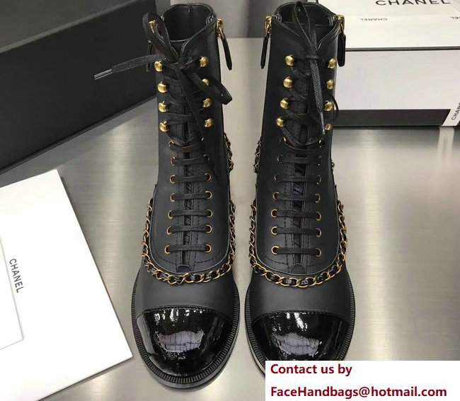Chanel Chain Lace-ups Boots G32933 Black 2017 - Click Image to Close
