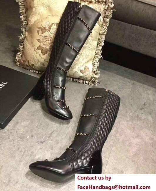 Chanel Heel 6.5cm Quilted Chain Hight Boots G33030 Black 2017 - Click Image to Close