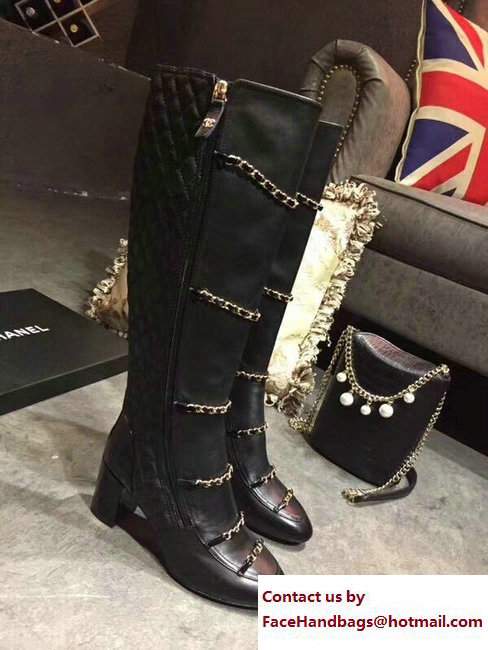 Chanel Heel 6.5cm Quilted Chain Hight Boots G33030 Black 2017 - Click Image to Close