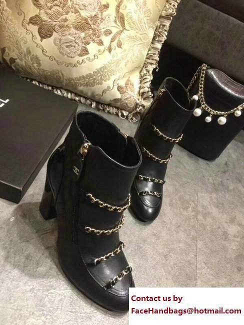 Chanel Heel 9.5cm Quilted Chain Short Boots G33028 Black 2017 - Click Image to Close