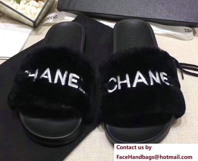 Chanel Logo Print Rabbit Fur Slipper Sandals Mules Black 2017