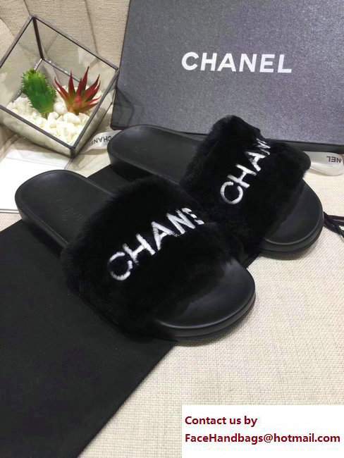 Chanel Logo Print Rabbit Fur Slipper Sandals Mules Black 2017 - Click Image to Close