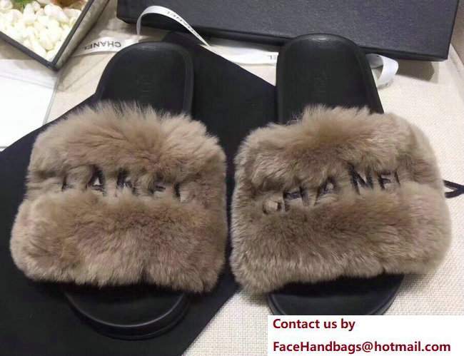 Chanel Logo Print Rabbit Fur Slipper Sandals Mules Coffee 2017