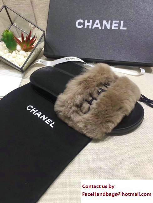Chanel Logo Print Rabbit Fur Slipper Sandals Mules Coffee 2017 - Click Image to Close