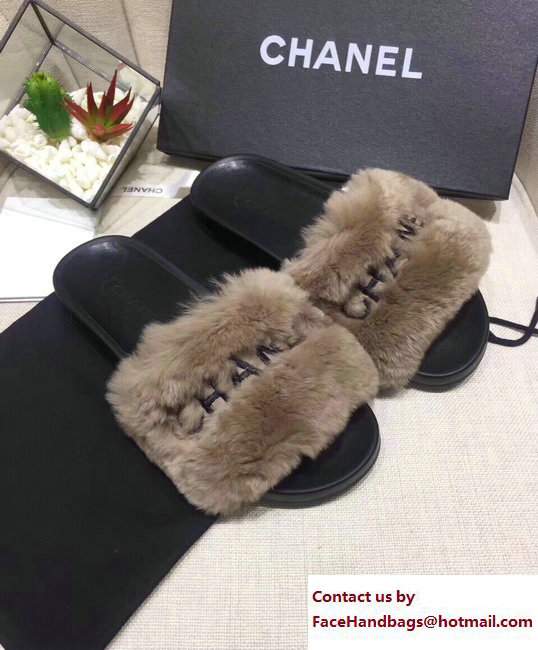 Chanel Logo Print Rabbit Fur Slipper Sandals Mules Coffee 2017
