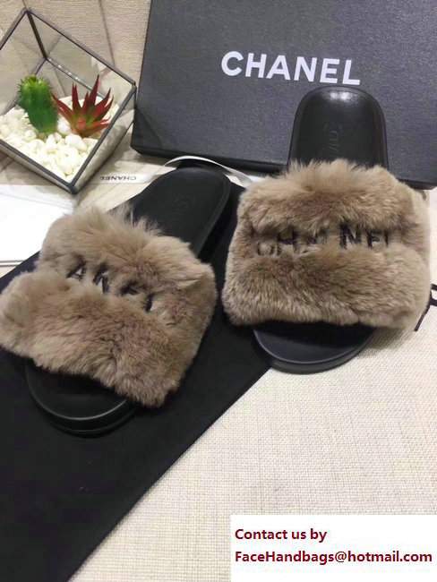 Chanel Logo Print Rabbit Fur Slipper Sandals Mules Coffee 2017 - Click Image to Close