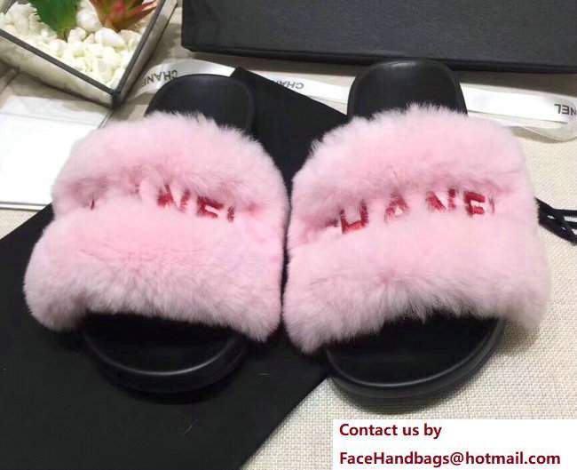 Chanel Logo Print Rabbit Fur Slipper Sandals Mules Pink 2017