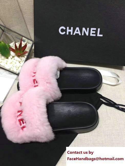 Chanel Logo Print Rabbit Fur Slipper Sandals Mules Pink 2017 - Click Image to Close