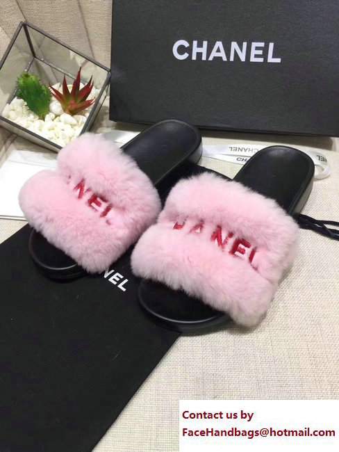 Chanel Logo Print Rabbit Fur Slipper Sandals Mules Pink 2017