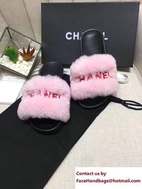 Chanel Logo Print Rabbit Fur Slipper Sandals Mules Pink 2017