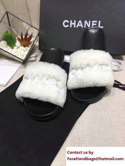 Chanel Logo Print Rabbit Fur Slipper Sandals Mules White 2017