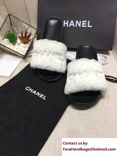 Chanel Logo Print Rabbit Fur Slipper Sandals Mules White 2017