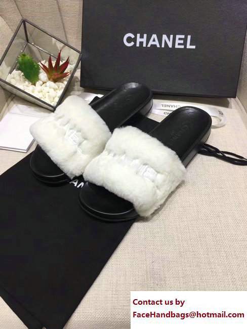 Chanel Logo Print Rabbit Fur Slipper Sandals Mules White 2017 - Click Image to Close